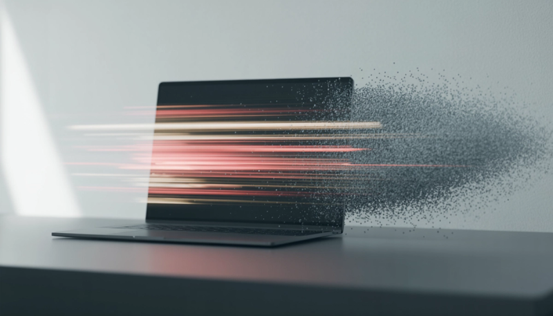 Dark laptop on a desk with red and white speed streaks passing through it as the screen edge dissolves into pixels