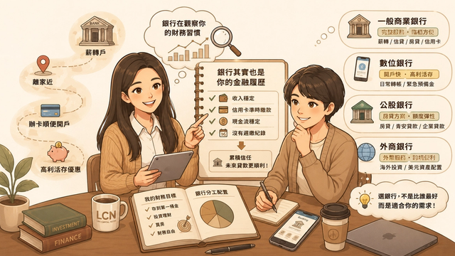 介紹一般商業銀行、數位銀行、公股銀行與外商銀行差異，強調金融履歷、信用紀錄、房貸與資產配置概念的財務規劃