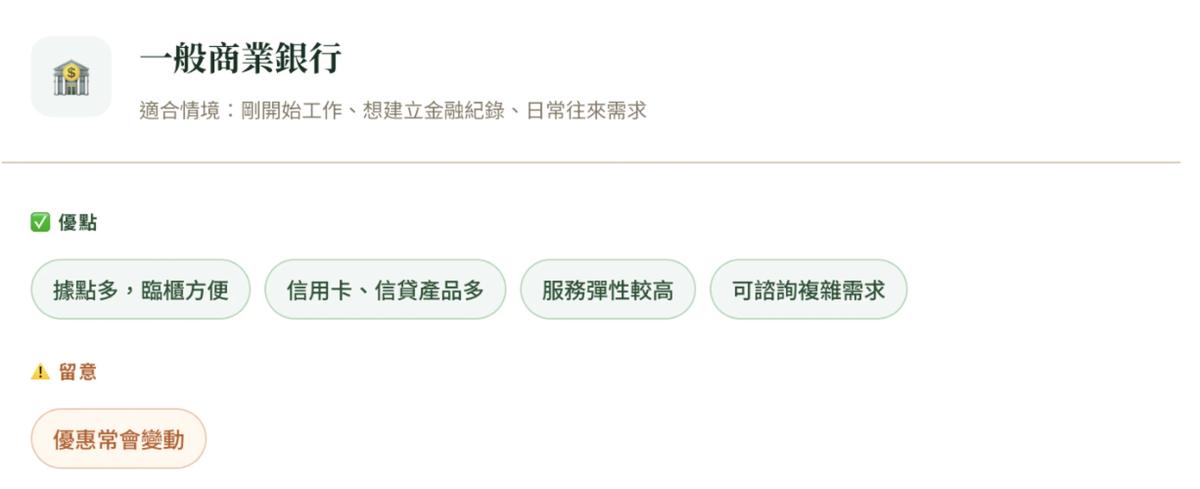 一般商業銀行優缺點與適合情境,包含薪轉、金融紀錄建立與日常往來需求