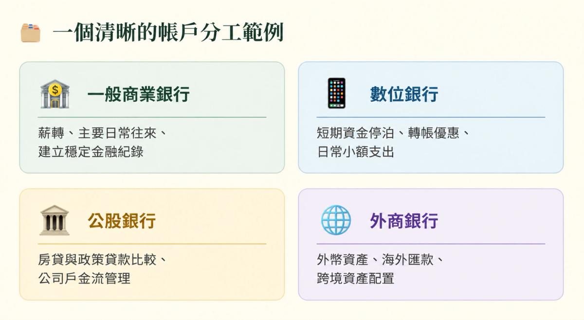 銀行帳戶分工與財務配置範例，包含日常帳戶、數位銀行、房貸與海外資產配置