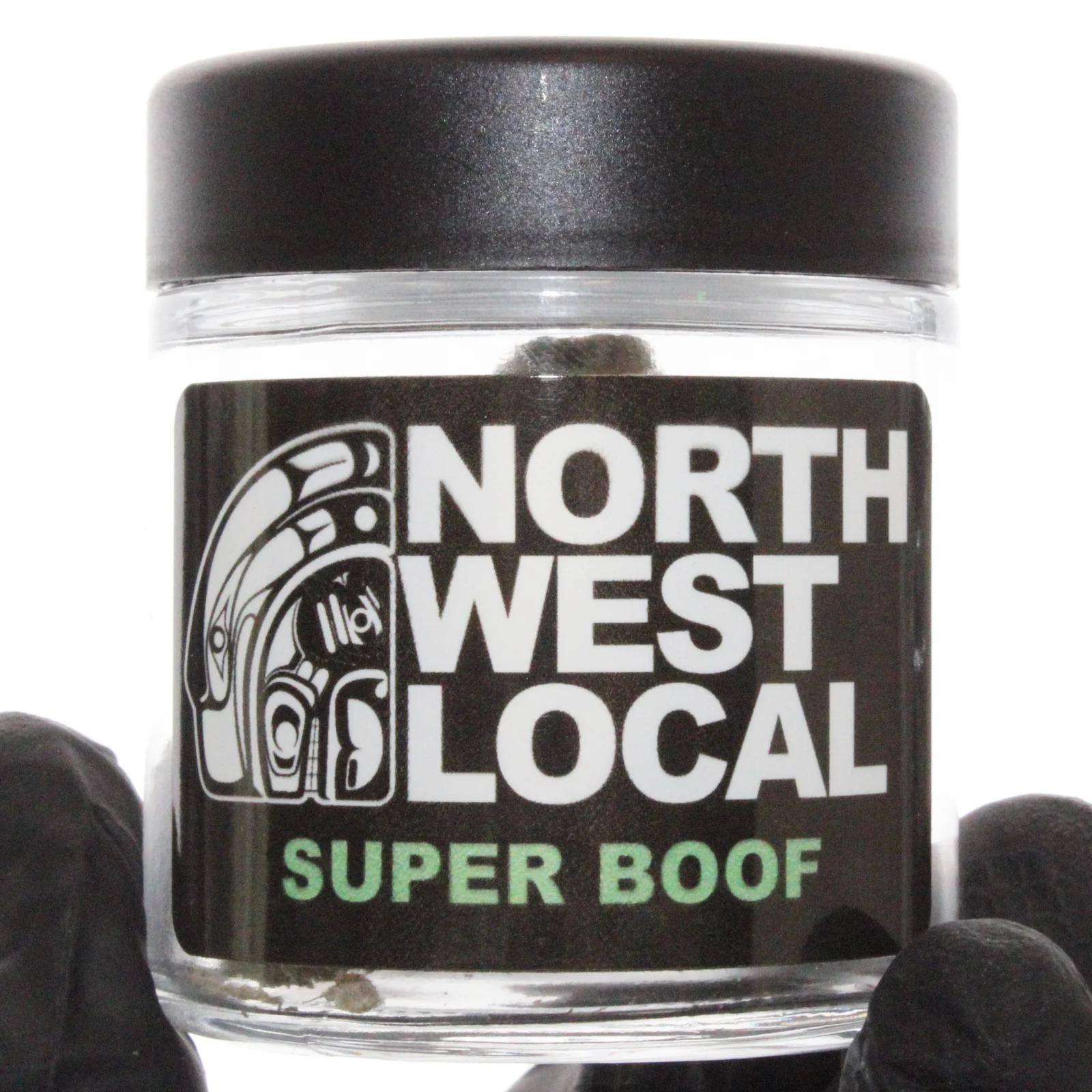 Super Boof flower packaged in a Northwest Local Cannabis 3.5 gram jar