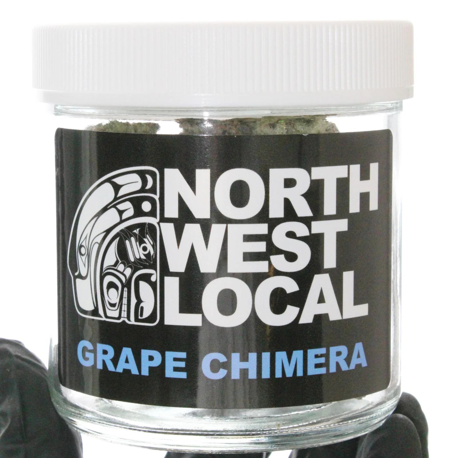 Grape Chimera flower packaged in a Northwest Local Cannabis 28 gram jar