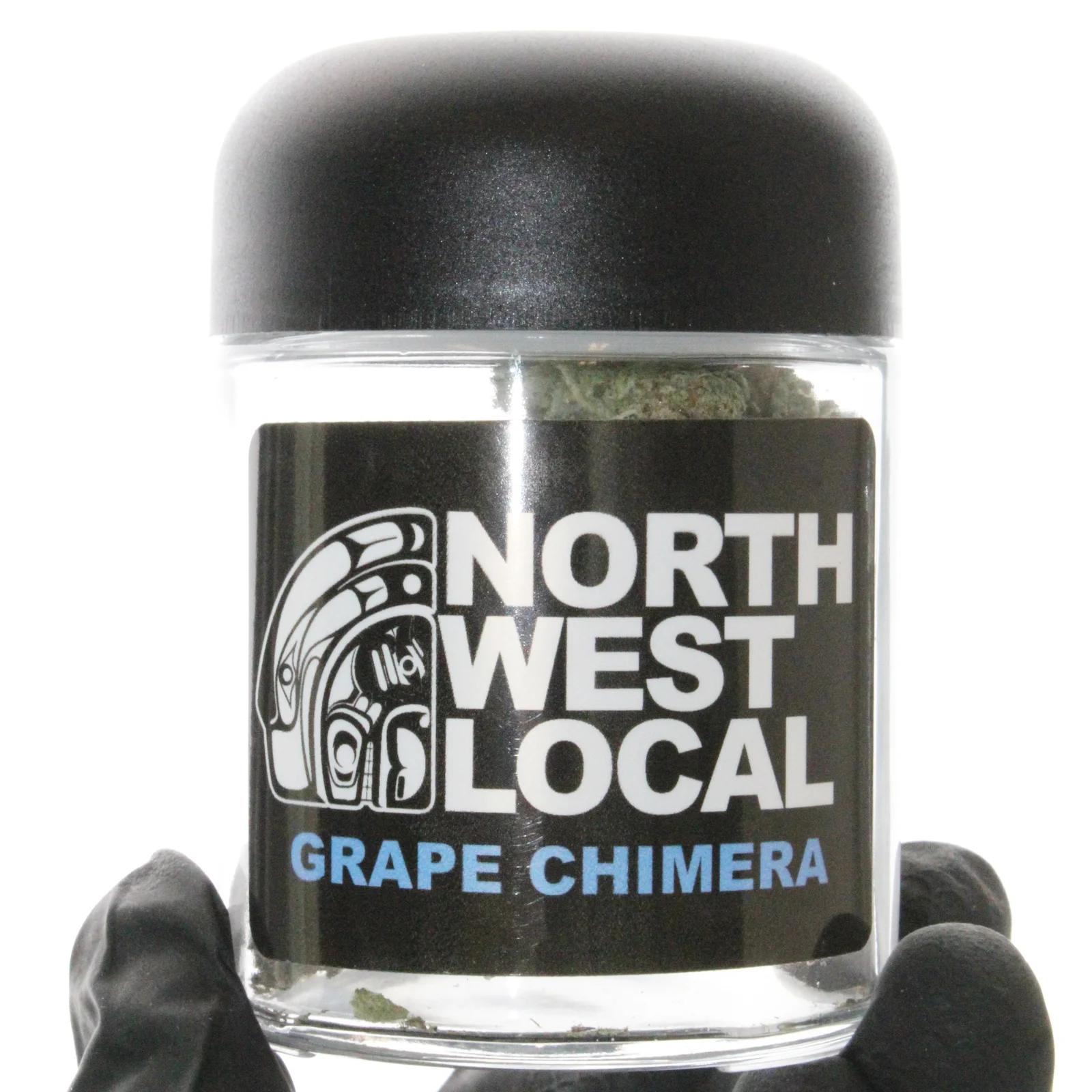 Grape Chimera flower packaged in a Northwest Local Cannabis 7 gram jar