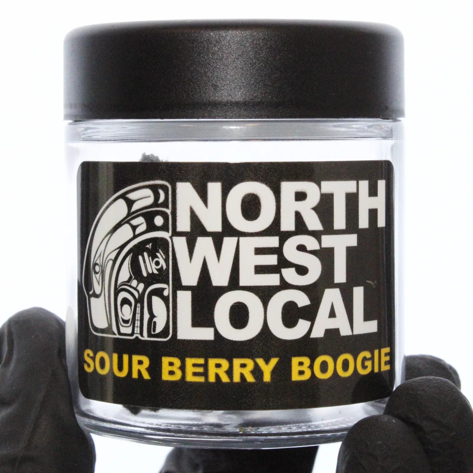 Sour Berry Boogie flower packaged in a Northwest Local Cannabis 3.5 gram jar