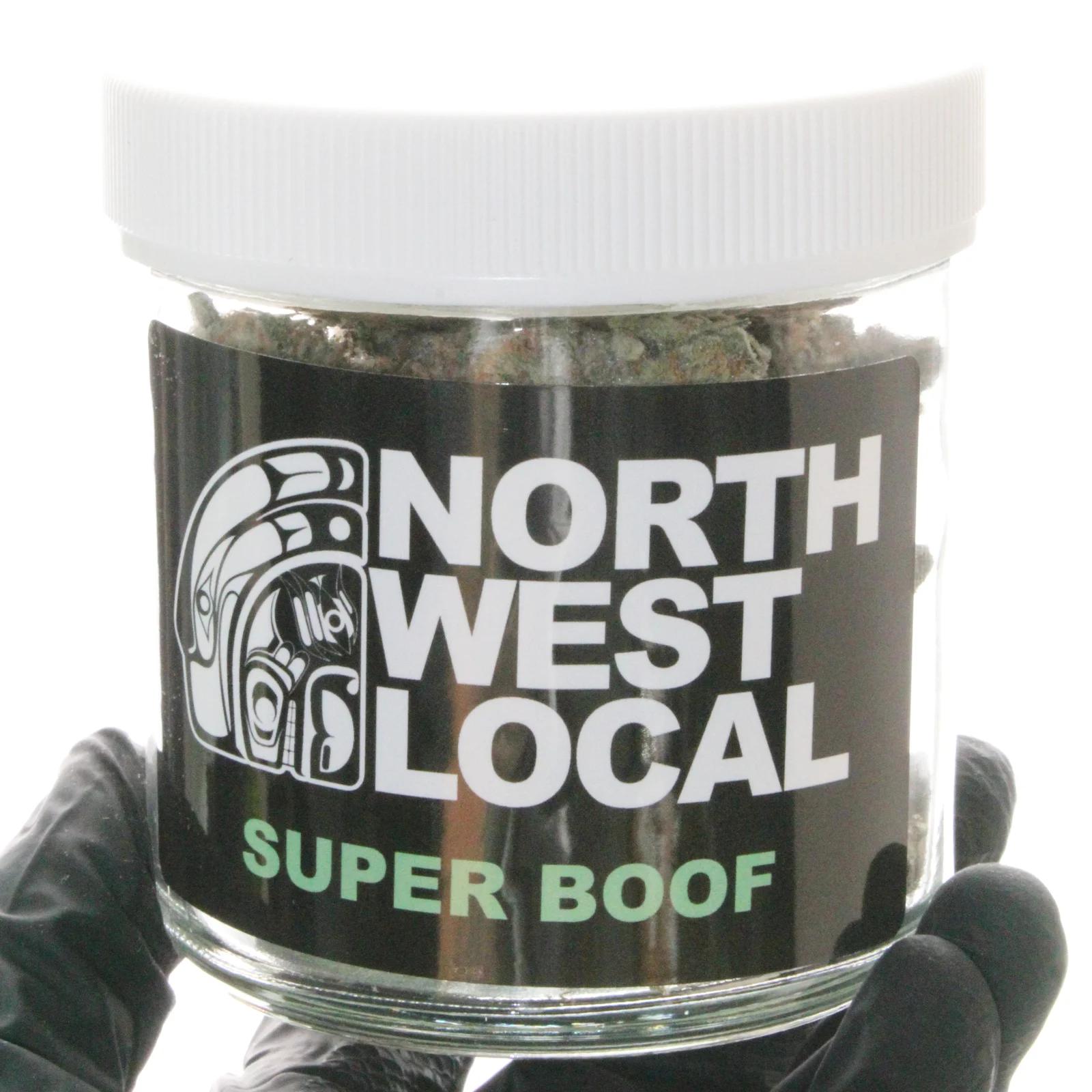 Super Boof flower packaged in a Northwest Local Cannabis 28 gram jar