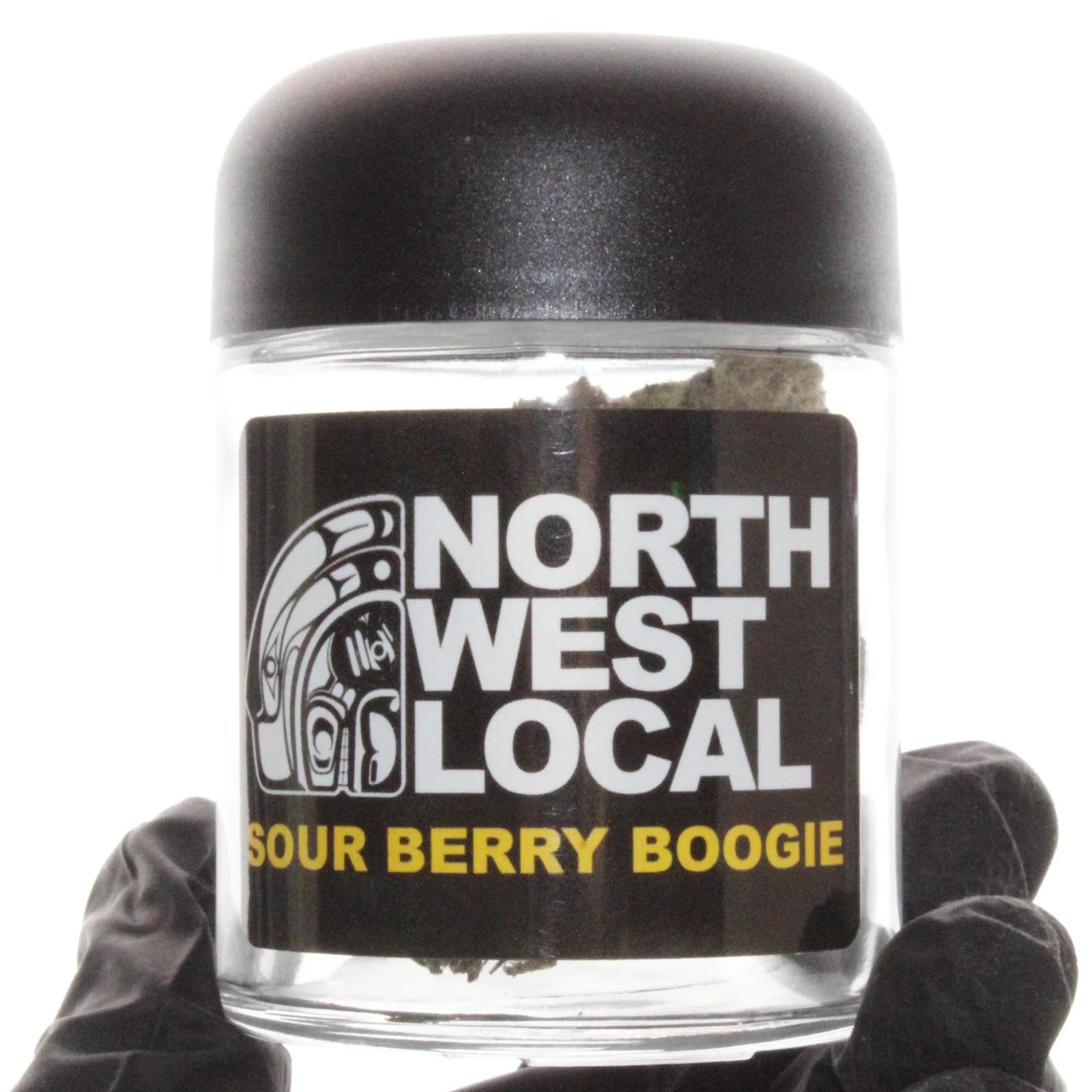 Sour Berry Boogie flower packaged in a Northwest Local Cannabis 7 gram jar