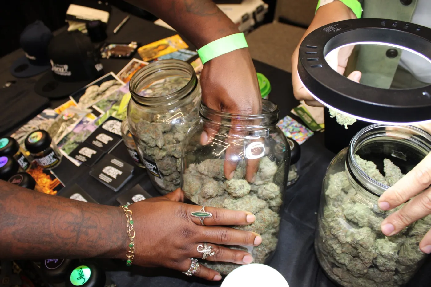 Several hands reaching toward large glass jars packed with cannabis flower under a ring light.
