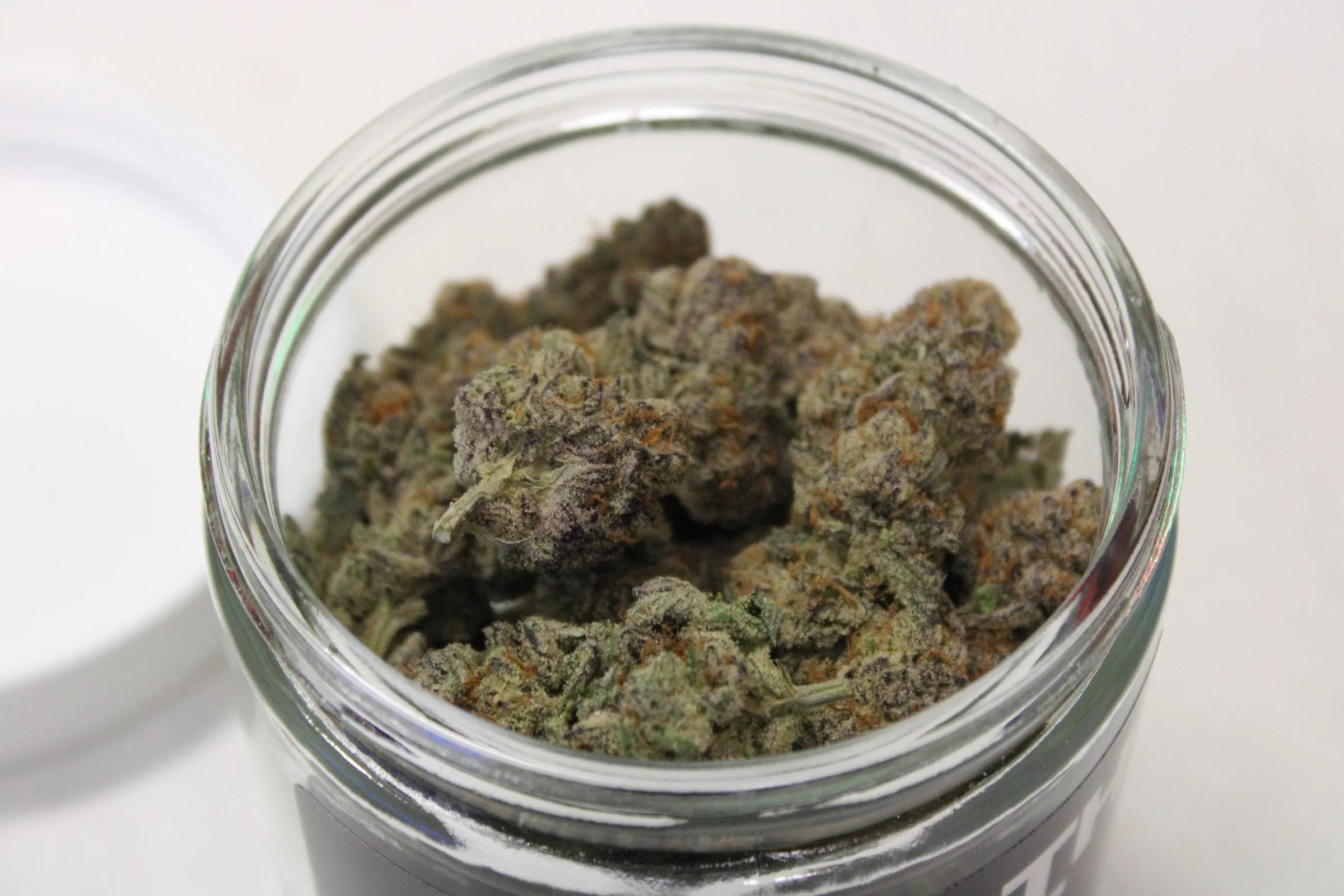 Frosty, purple-tinged flower with orange pistils filling an open ounce jar