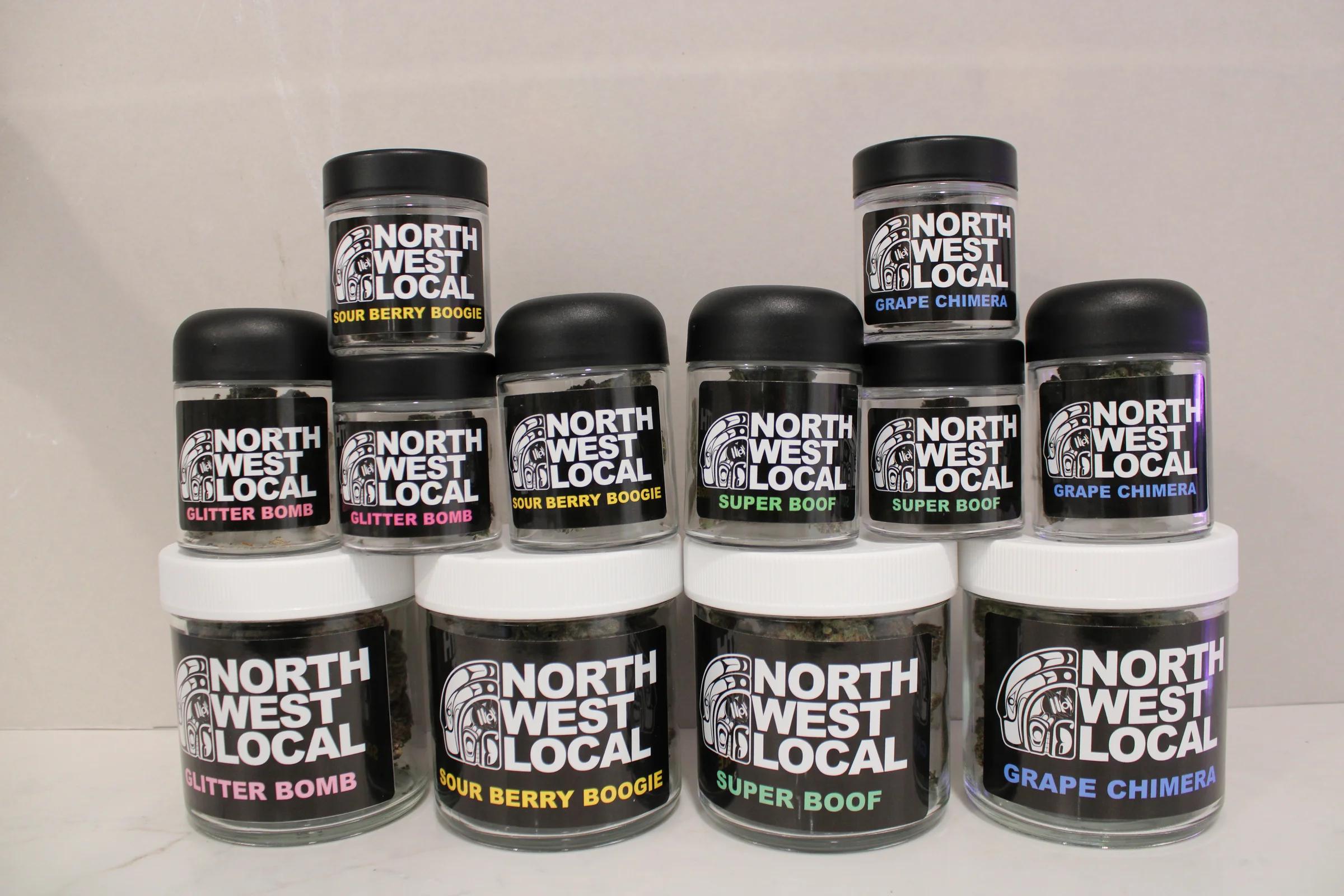 The full September lineup: Glitter Bomb, Sour Berry Boogie, Super Boof and Grape Chimera jars in eighth, quarter and ounce sizes, stacked three rows deep