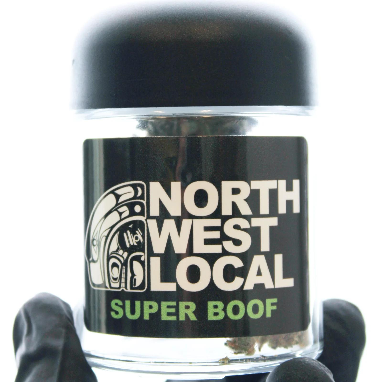Super Boof flower packaged in a Northwest Local Cannabis 7 gram jar