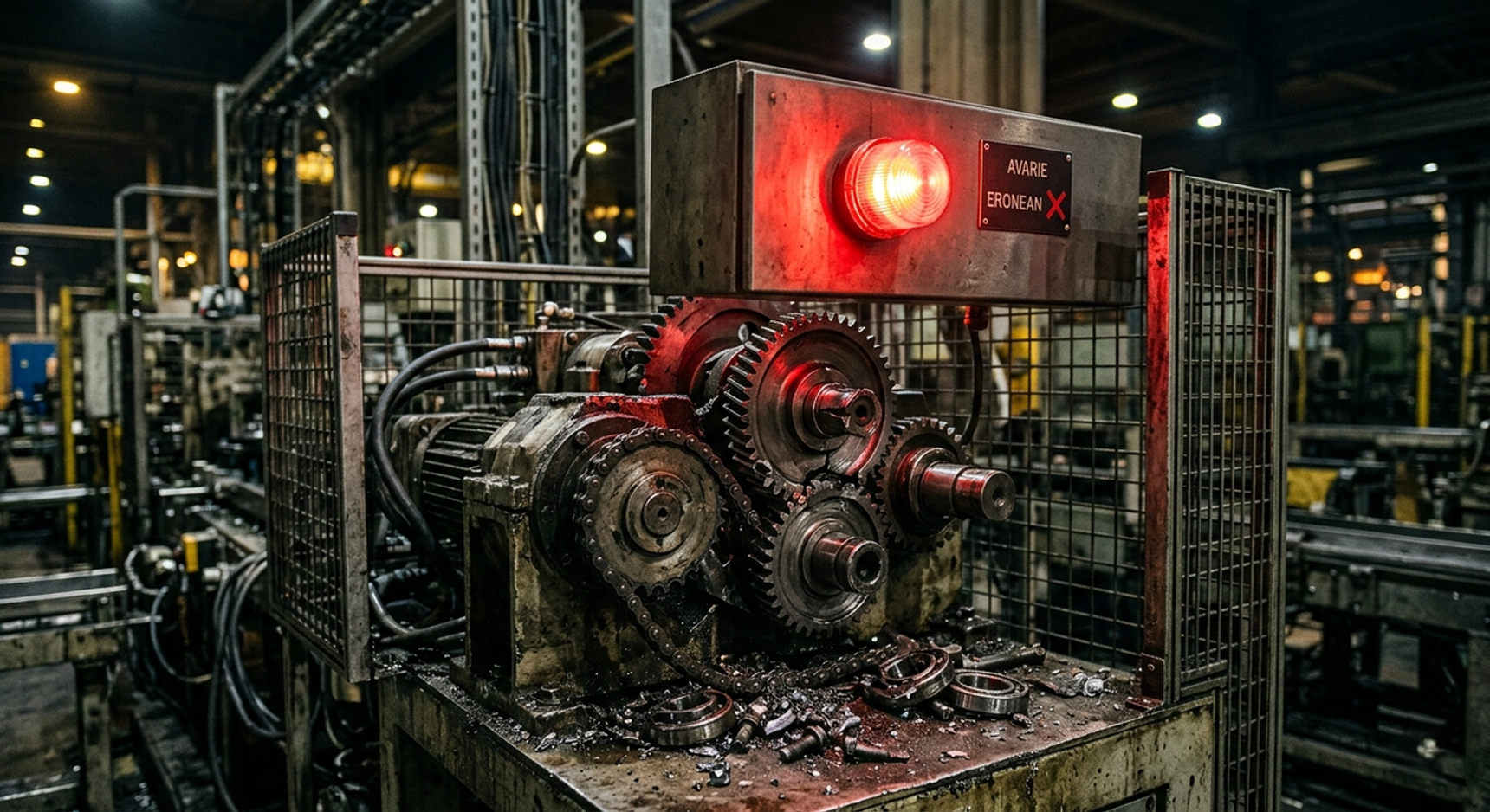 Un utilaj industrial cu roți dințate ruginite și o lampă roșie de avarie aprinsă deasupra.