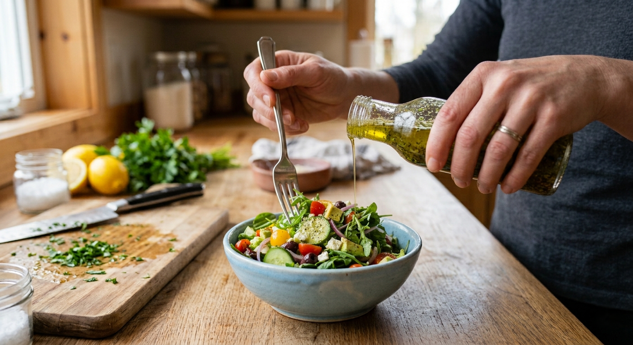 Mâinile unui bărbat toarnă ulei peste un bol de salată, pe o masă de bucătărie.