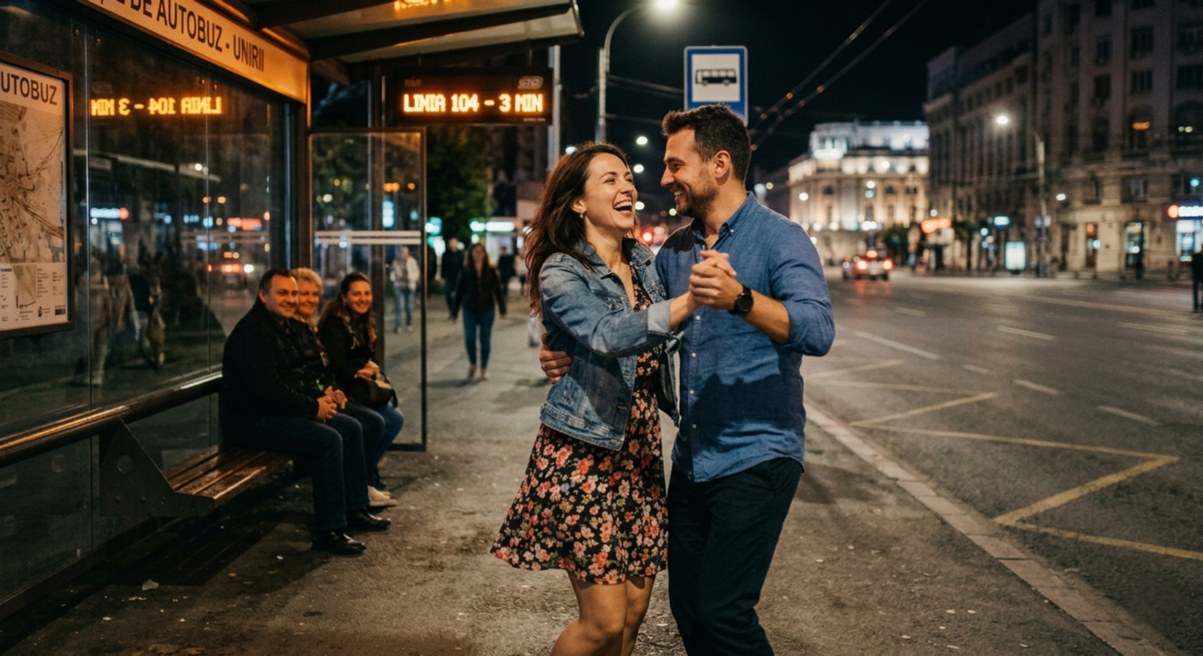 Un cuplu dansează râzând într-o stație de autobuz, noaptea, în oraș.