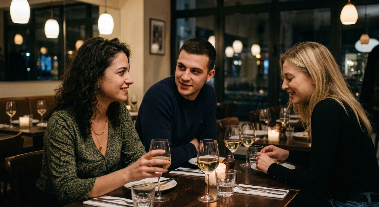 Trei prieteni stau la o masă de restaurant, seara, cu pahare de vin în față.