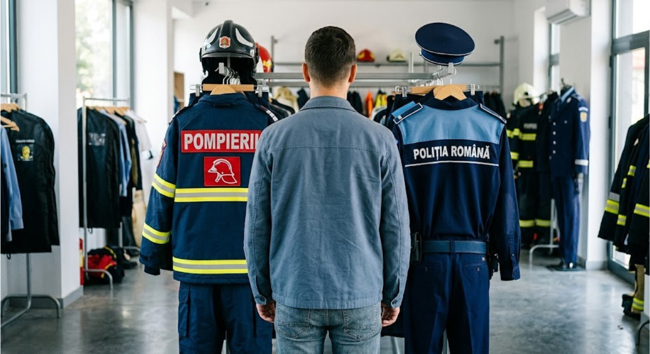 Un bărbat stă cu spatele în fața a două uniforme expuse pe manechine, una de pompier și una de polițist.