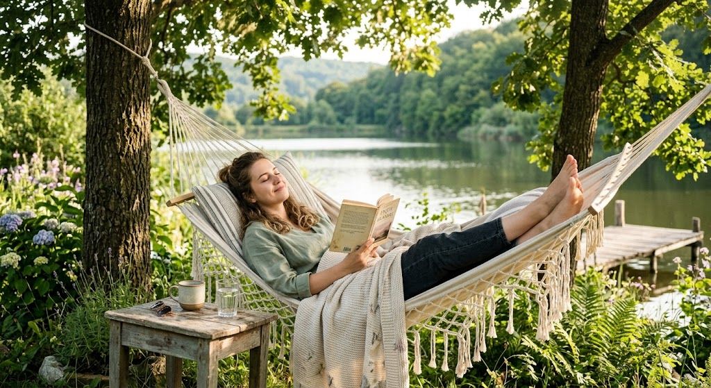 O femeie citește într-un hamac, la umbra unui copac, pe malul unui lac.