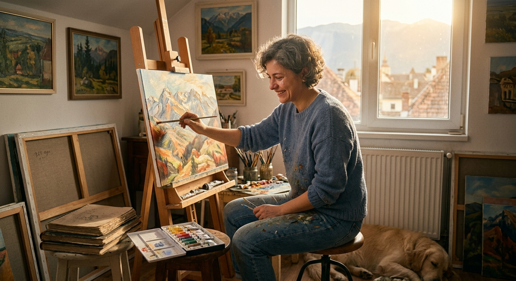 O femeie pictează un peisaj montan pe șevalet, într-un atelier luminos, cu un câine dormind lângă ea.