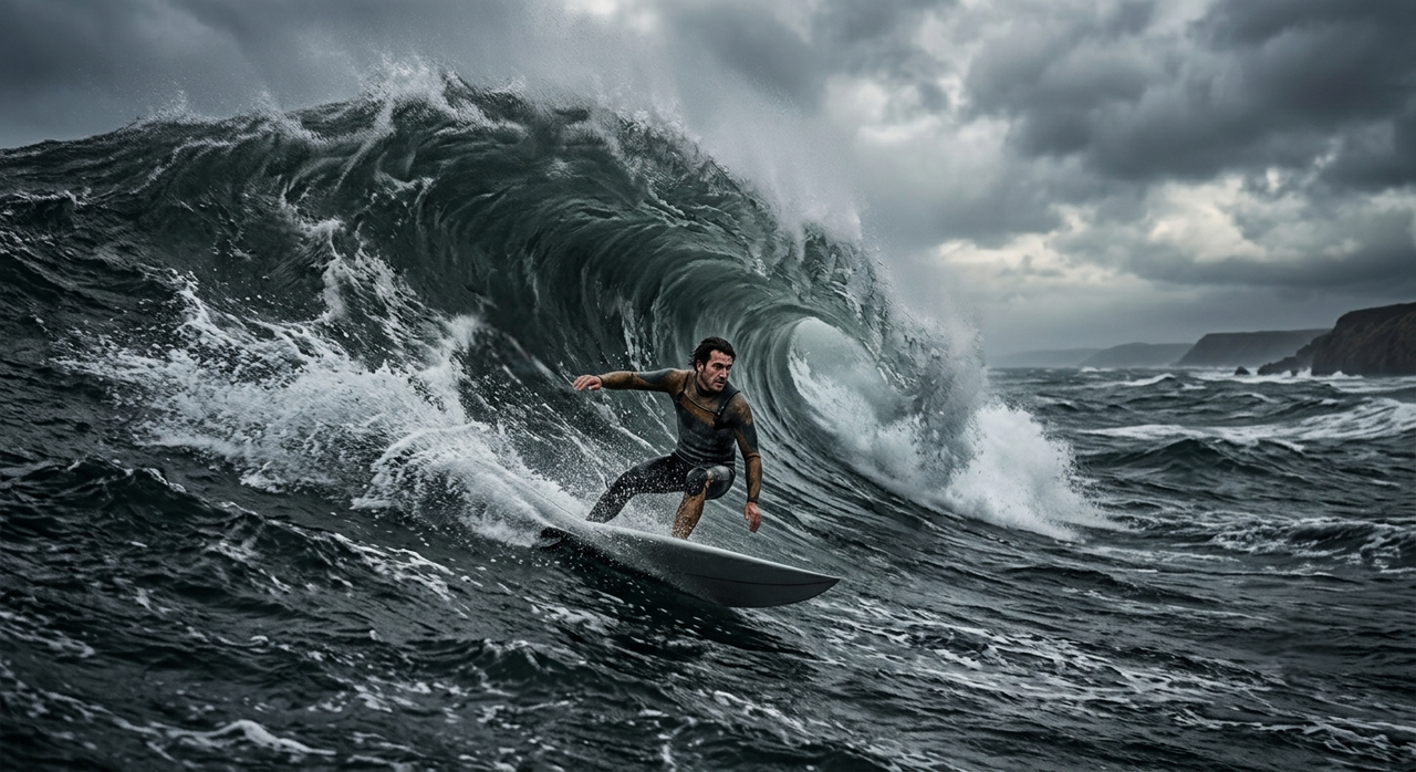 Un surfer coboară pe peretele unui val uriaș, pe o mare agitată, sub cer înnorat.