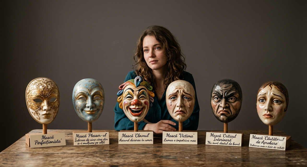 O femeie stă în spatele a șase măști de teatru așezate pe suporturi, fiecare cu o etichetă scrisă de mână.
