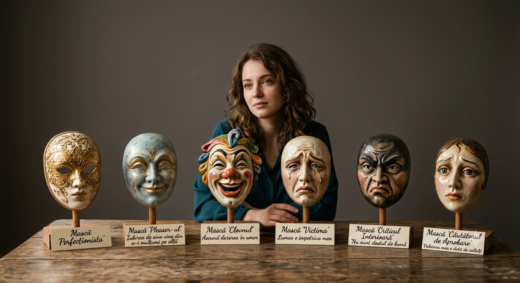 O femeie stă în spatele a șase măști de teatru așezate pe suporturi, fiecare cu o etichetă scrisă de mână.