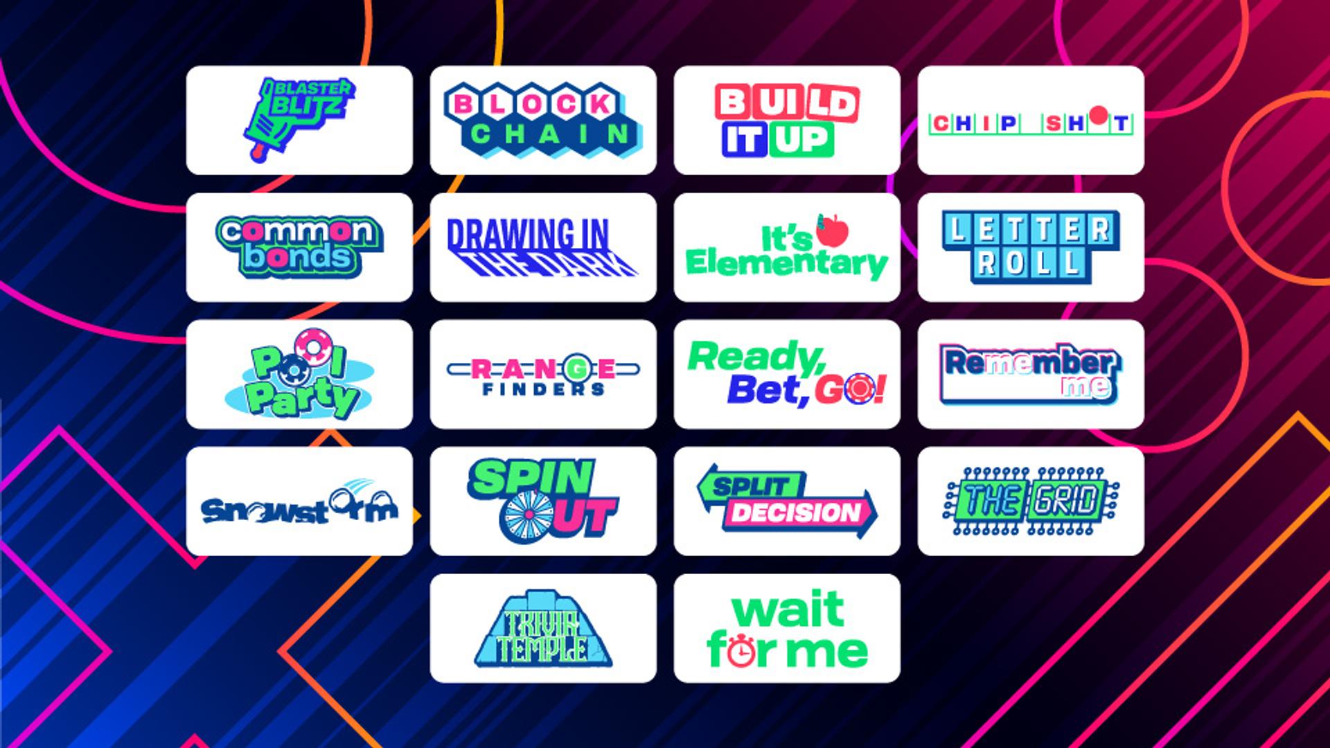 Menu of various games that can be played during Great Big Game Show