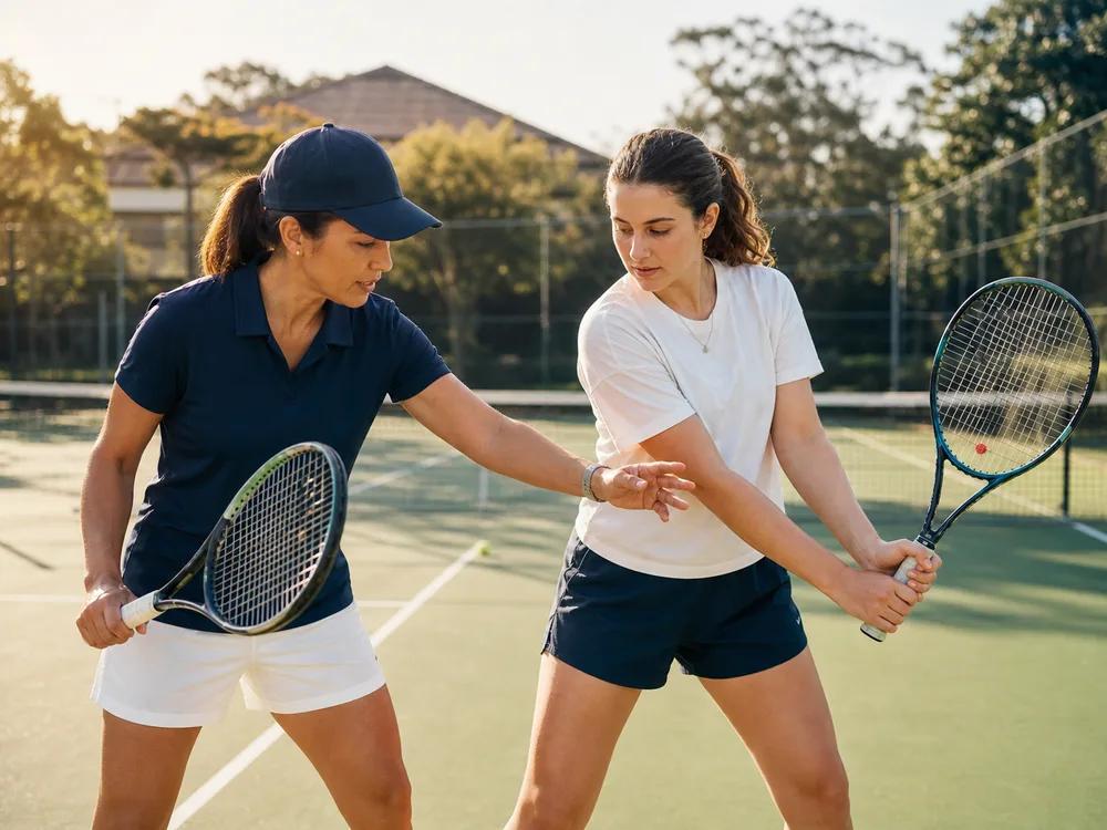 Independent tennis coach giving practical instruction on court