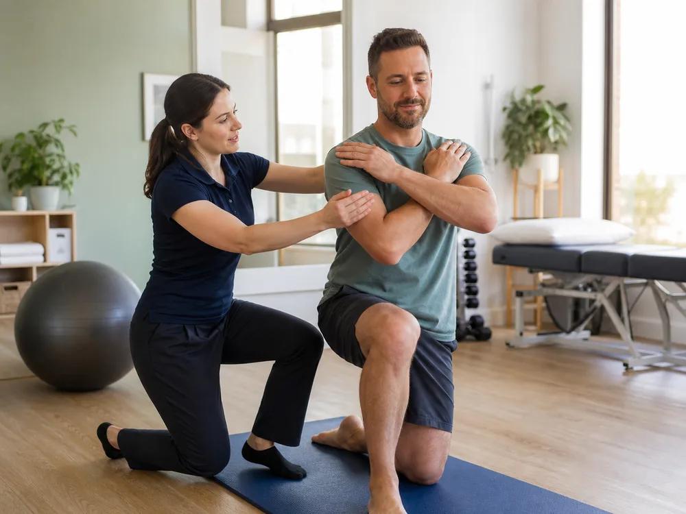 Allied-health practitioner guiding a patient through an exercise