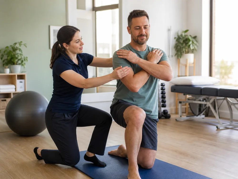 Allied-health practitioner guiding a patient through an exercise