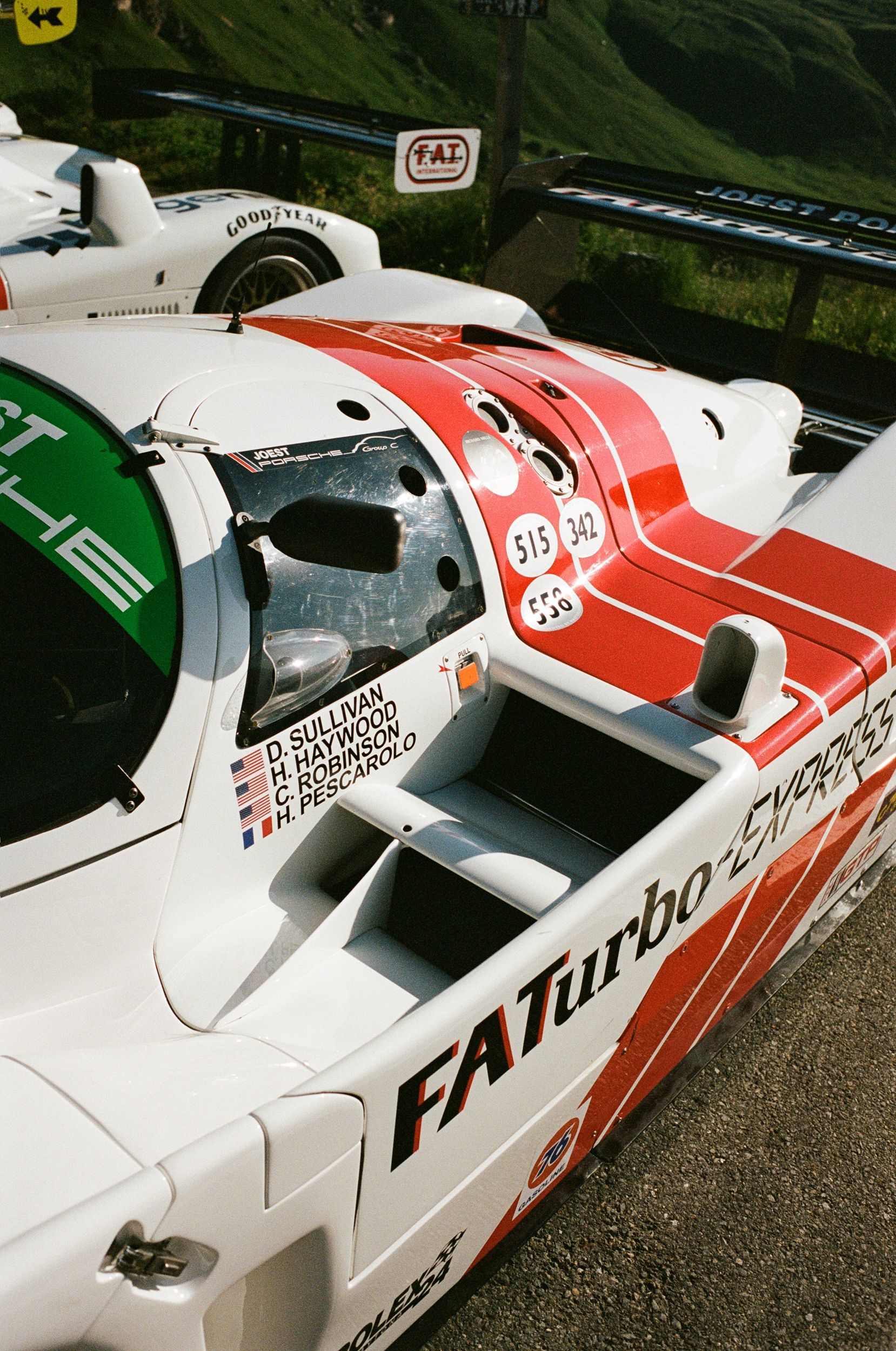 Angled shot of the Porsche 962 C with FATurbo Express graphics on the side; easy to diffenriate from the Porsche Dauer 962 which won Le Mans in 1994 because of big side air vents