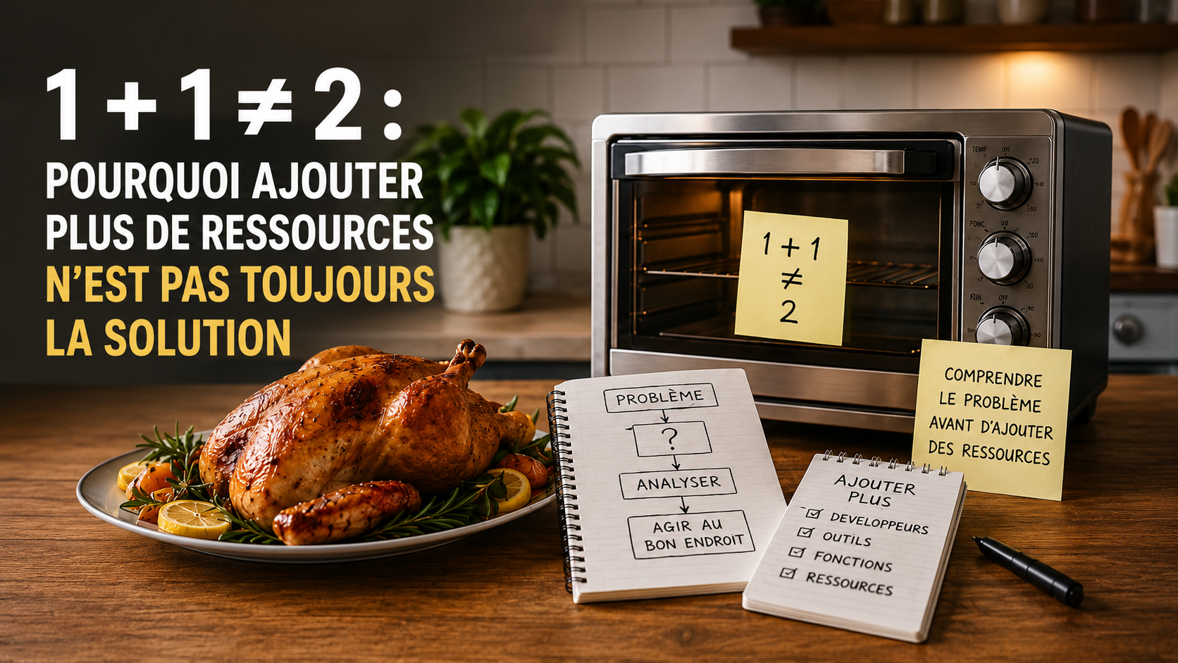 Un second four vide dans une cuisine encombrée, métaphore des ressources mal allouées dans une entreprise.