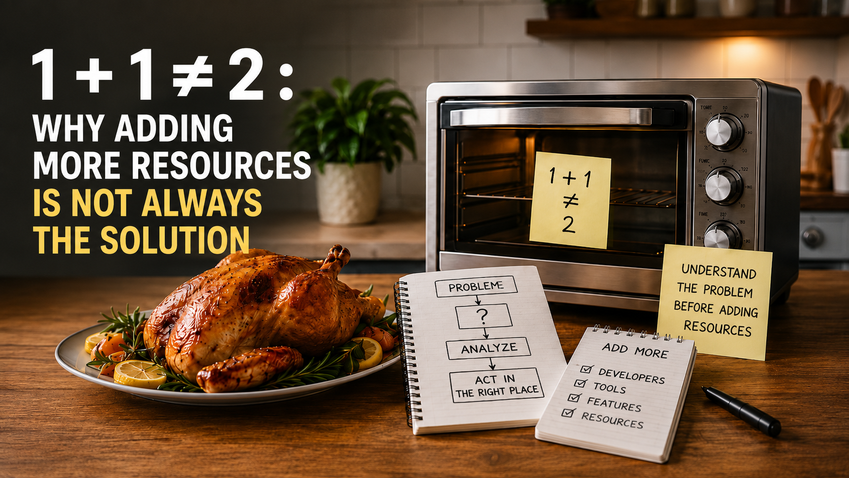 A roast turkey beside an empty second oven, illustrating why adding more resources does not always solve the real problem.