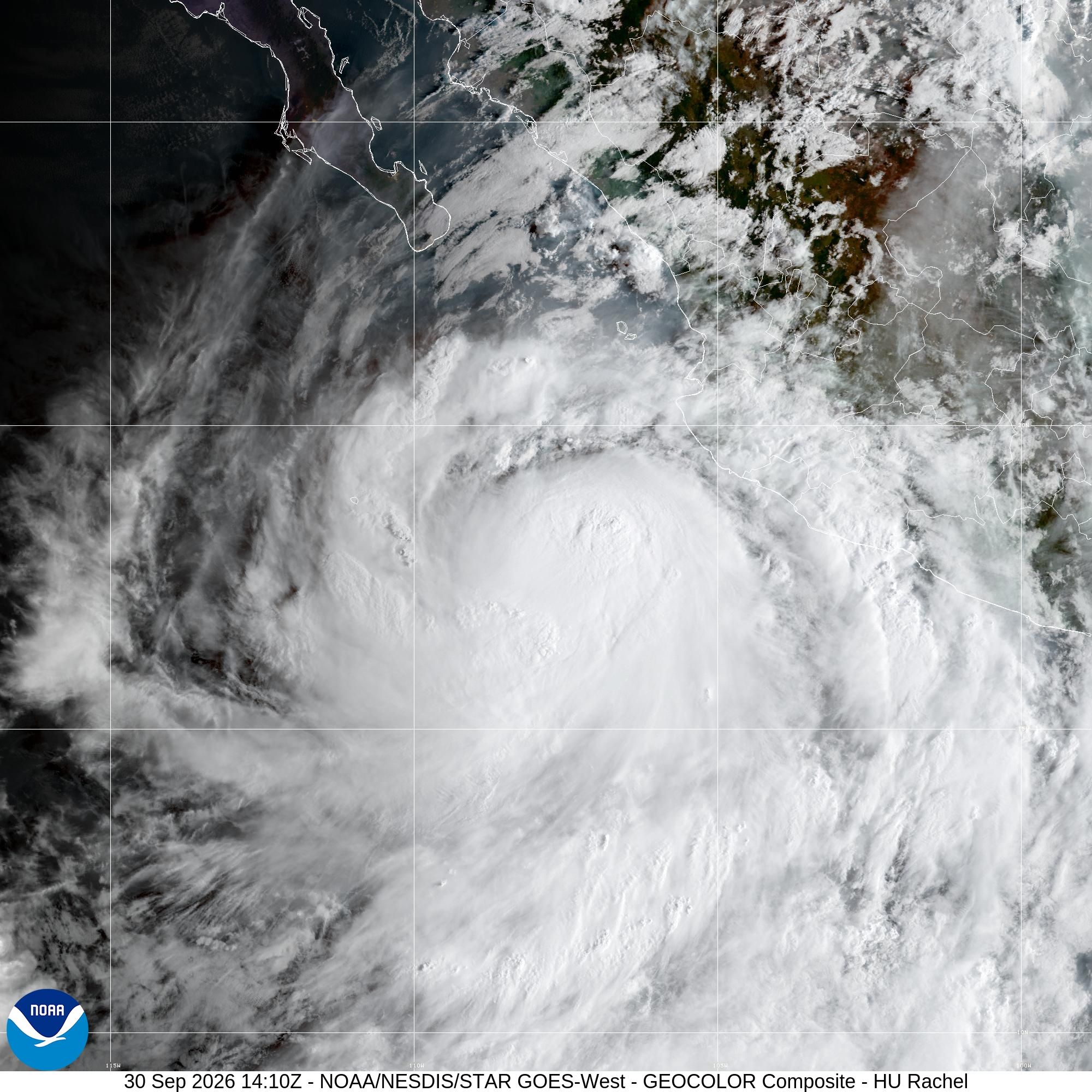 Imagen satelital GOES-18 del huracán Rachel frente a la costa de Jalisco el 30 de septiembre de 2026