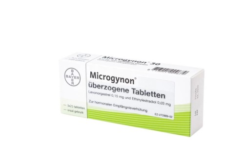 Microgynon 0,03 mg/0,15 mg überzogene Tabletten Verpackung Vorderseite