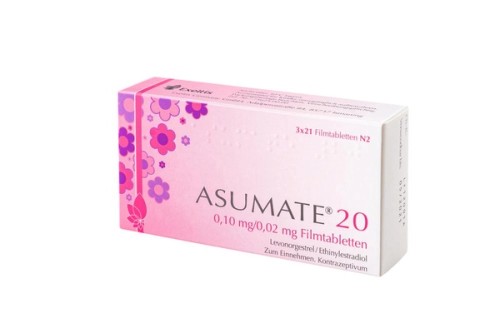 Asumate 20 0,10 mg/0,02 mg Filmtabletten Verpackung Vorderseite
