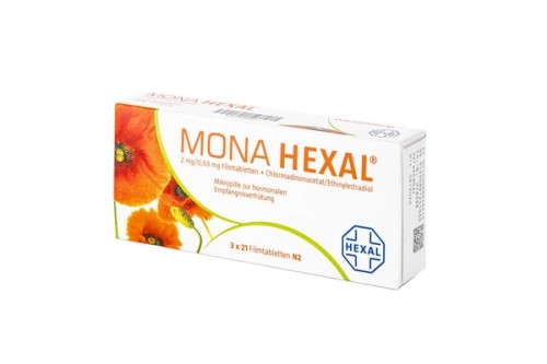 Mona Hexal 2 mg/0,03 mg Filmtabletten Verpackung Vorderseite