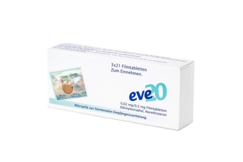 Eve 20 0,02 mg/0,5 mg Filmtabletten Verpackung Vorderseite