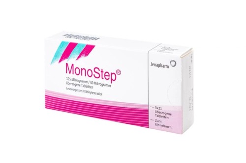 MonoStep 0,125 mg/0,03 mg überzogene Tabletten Verpackung Vorderseite