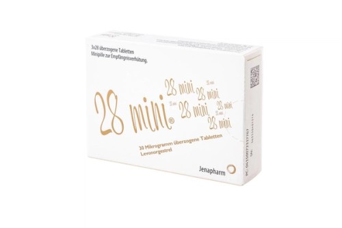 28 mini® 30 Mikrogramm überzogene Tabletten Verpackung Vorderseite
