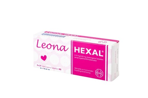 Leona-Hexal 0,10 mg/0,02 mg überzogene Tabletten Verpackung Vorderseite
