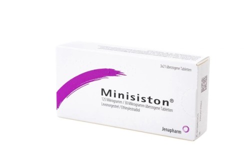 Minisiston 0,030mg/0,125mg überzogene Tabletten Verpackung Vorderseite