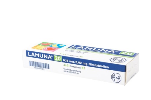 Lamuna 20 0,15 mg/0,02 mg Filmtabletten Verpackung Seite mit Barcode