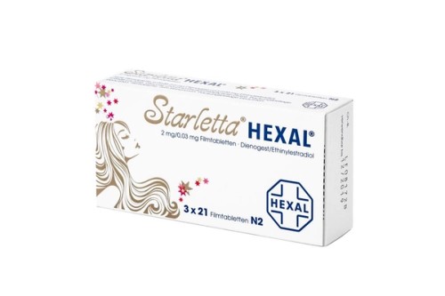 Starletta HEXAL 2 mg/0,03 mg Filmtabletten Verpackung Vorderseite