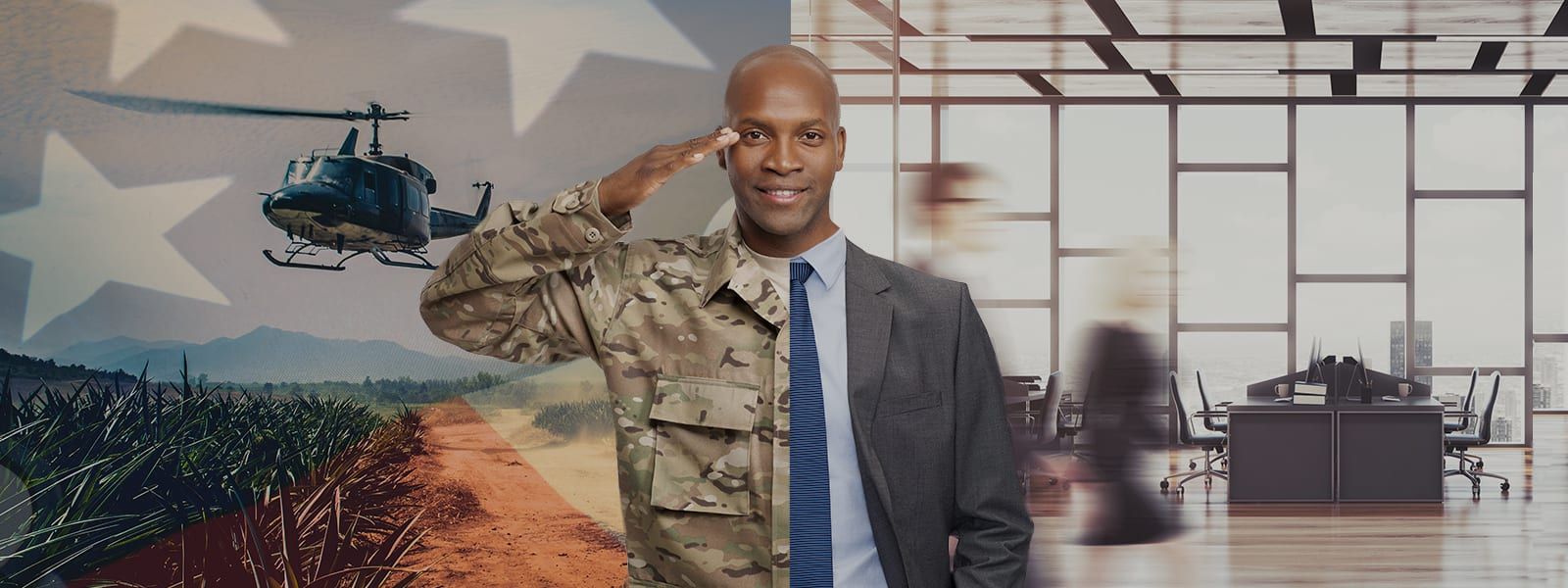 a man in a suit and tie is saluting in front of a helicopter and an american flag .