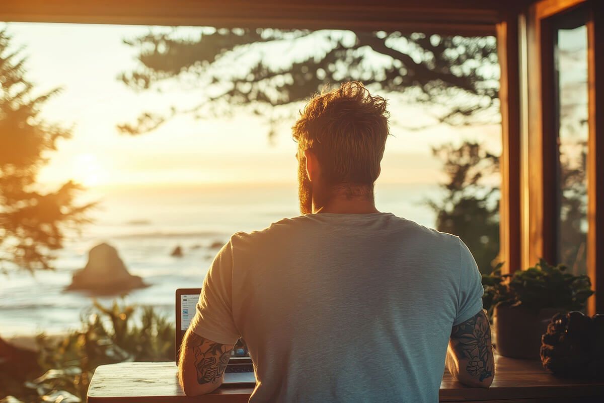 a man is sitting at a table using a laptop computer .