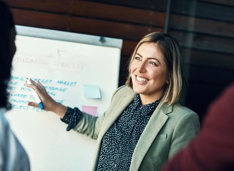 A smiling woman presents a business strategy on a whiteboard.