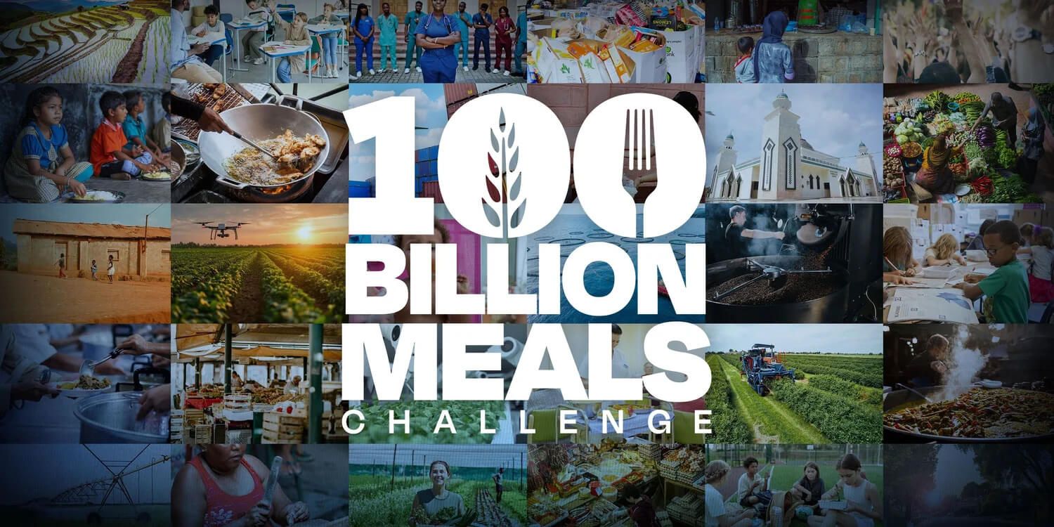 The text "100 BILLION MEALS CHALLENGE" with a wheat and fork logo, overlaid on a mosaic of images depicting food, agriculture, and community scenes.