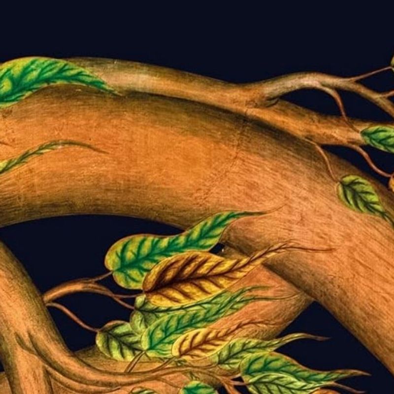 Karma, Consciousness, and Freedom painting of a tree branch with leaves