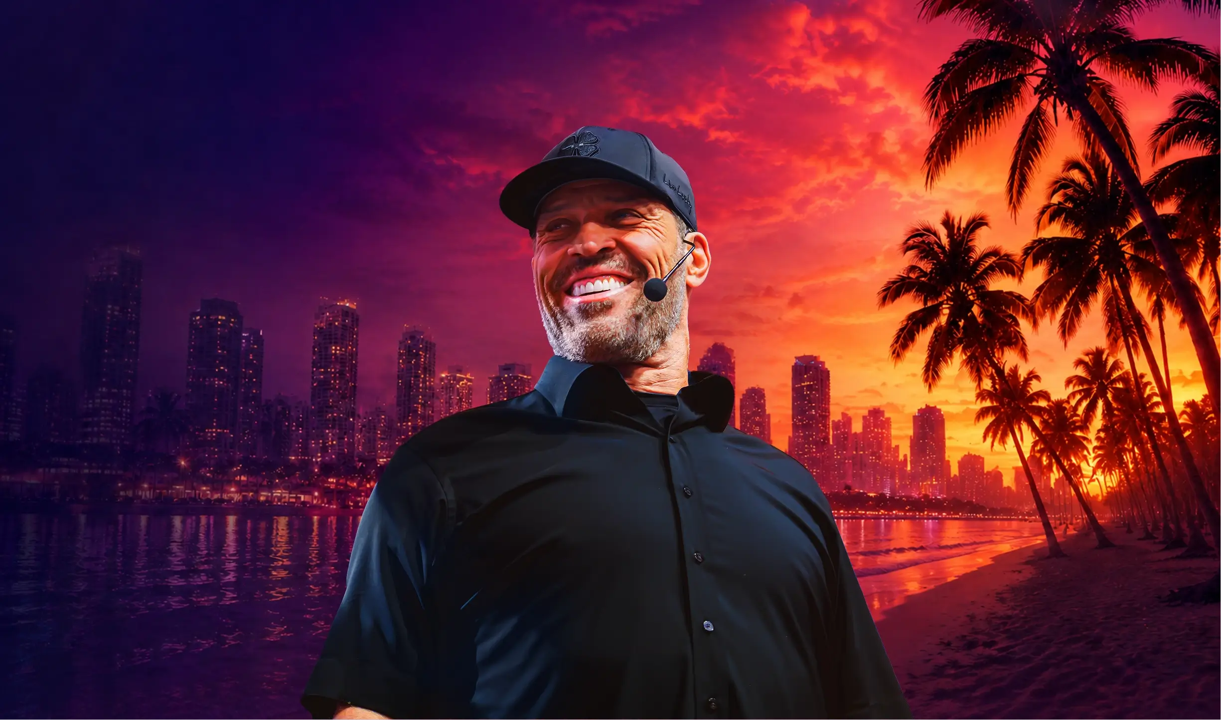 A smiling man in a black cap and headset against a background of a luminous city skyline and a vibrant sunset beach with palm trees.