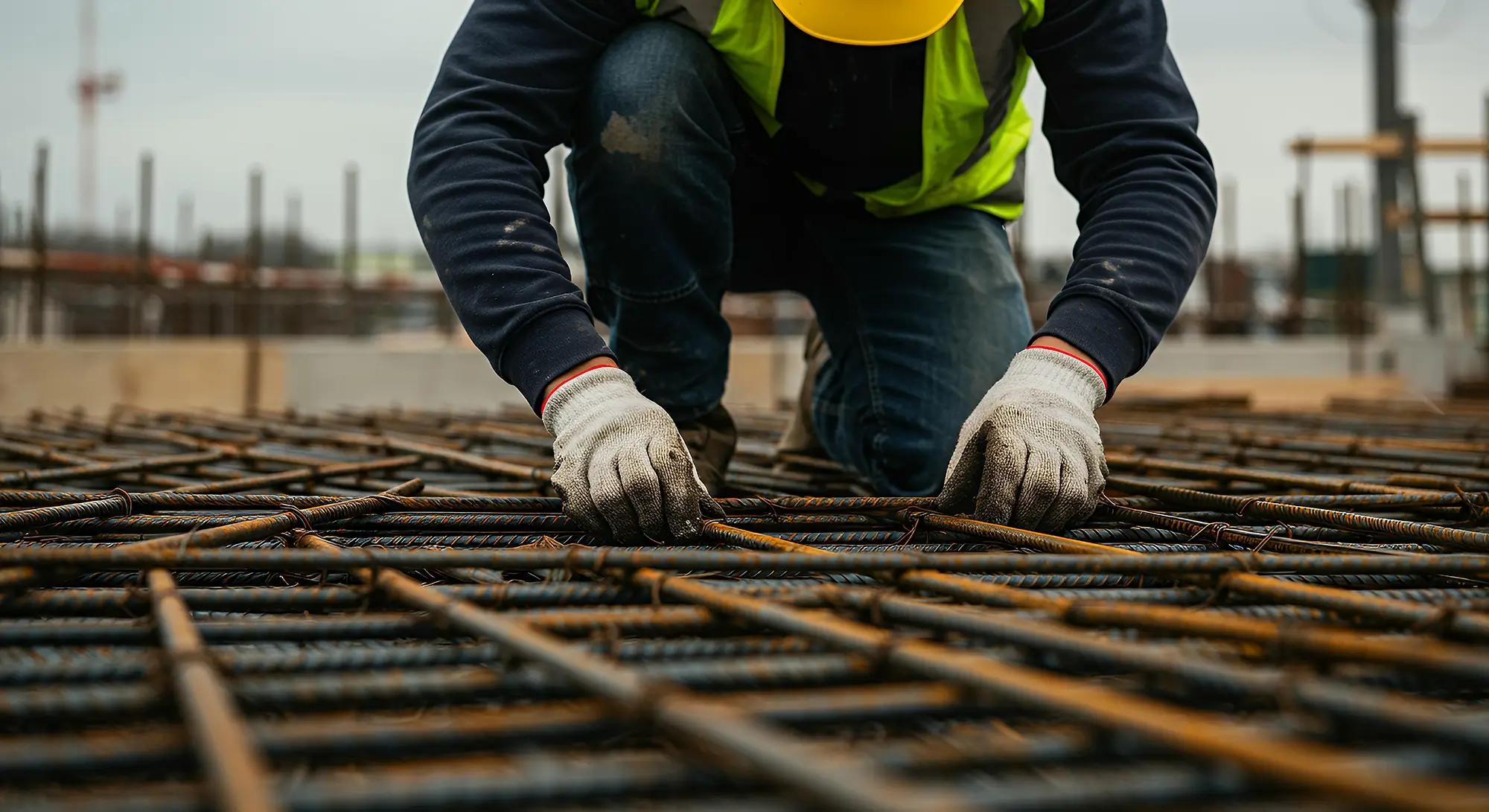 Construction worker in hard hat and safety vest working on rebar.