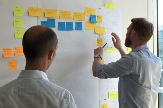 two men are standing in front of a whiteboard with sticky notes on it .